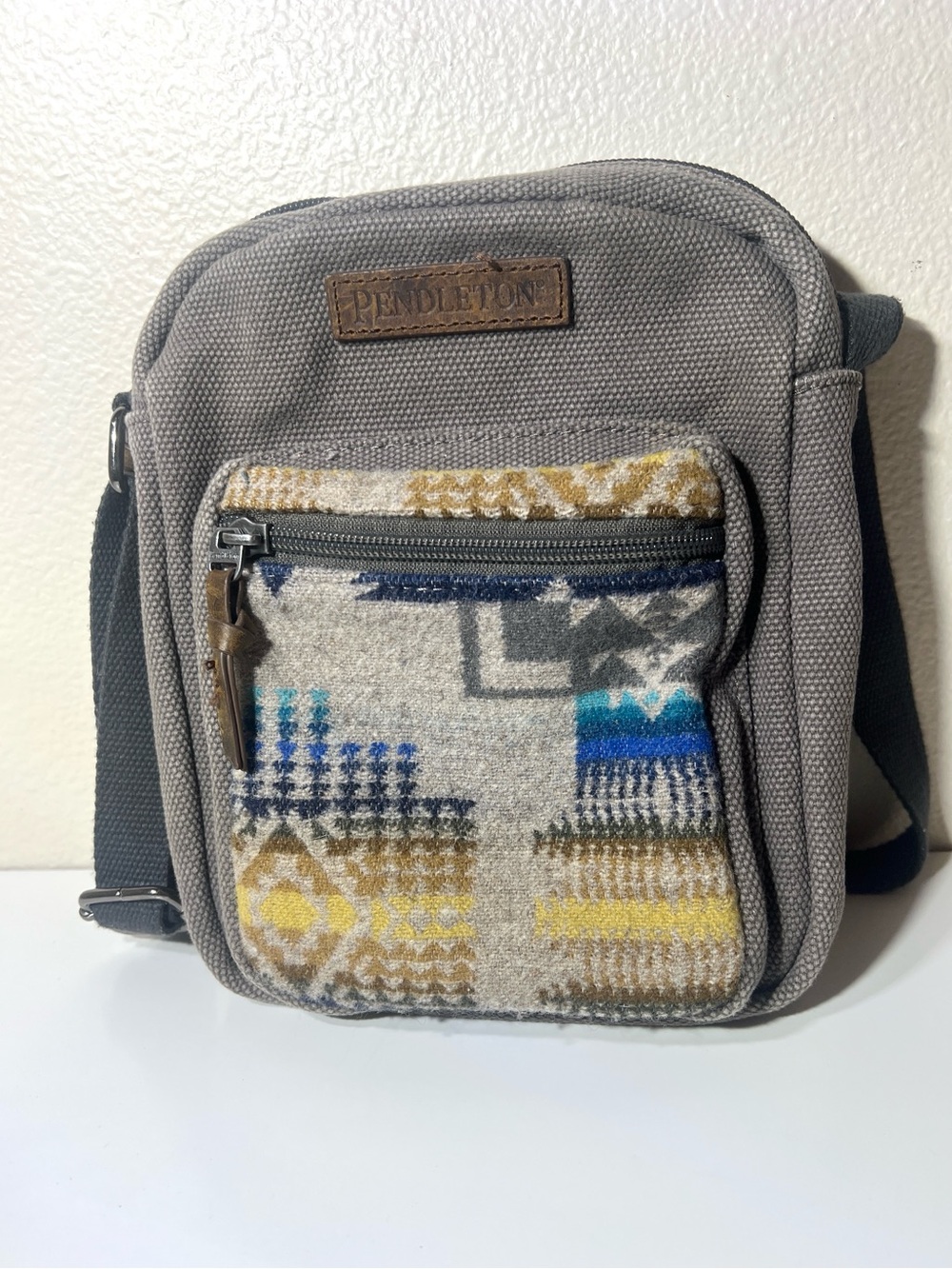 Pendleton Gray Canvas Crossbody with Aztec Patterned Wool Pocket
